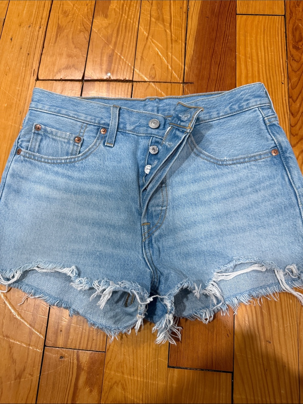 Levi's Light Wash High-Rise Frayed Denim Shorts